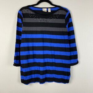 Chicos Zenergy Holly Striped Tee Womens 2 US L Embellished Blue Black 3/4 Sleeve